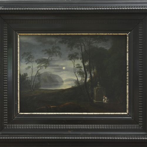 Romantiker, um 1800, Mondscheinlandschaft 浪漫主义，约1800年 月光景观。木材上的油彩，镶木地板。34 x 43,5&hellip;