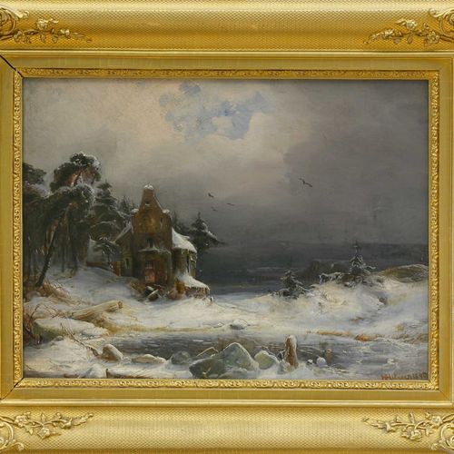Hilgers, Carl, Winterlandschaft bei Dämmerung, mit Kapelle und Teich. 1840. Hilg&hellip;