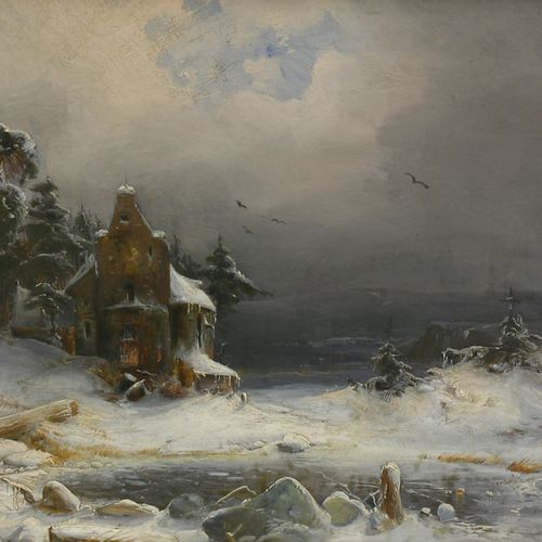 Hilgers, Carl, Winterlandschaft bei Dämmerung, mit Kapelle und Teich. 1840. Hilg&hellip;