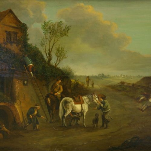 Genremaler, um 1800, Beim Schmied 类型画家，约1800年 在铁匠铺。木材上的油彩。41 x 51厘米。有框。