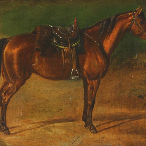 Lang, Heinrich, Gesatteltes, braunes Pferd, nach rechts Lang, Heinrich (1838 Rat&hellip;