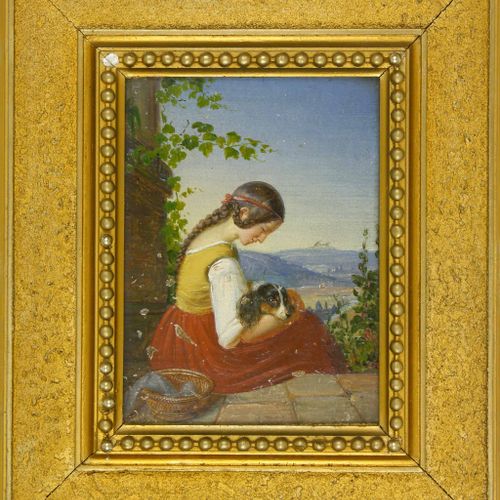 Maler des 19. Jh., Sitzendes Mädchen in rotem Rock mit geschecktem Hund im Arm P&hellip;