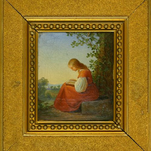Maler des 19. Jh., Lesendes Mädchen in rotem Kleid, unter Baum sitzend Pintor de&hellip;