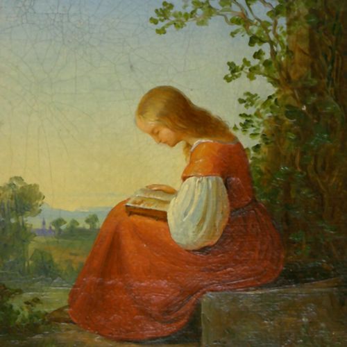 Maler des 19. Jh., Lesendes Mädchen in rotem Kleid, unter Baum sitzend Peintre d&hellip;