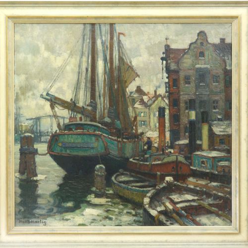Hartig, Hans, Winter im Stettiner Hafen 哈蒂格，汉斯(1873年波美拉尼亚-1936年柏林) 斯特丁港的冬天。布面油画。&hellip;