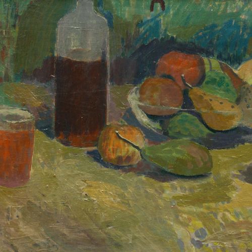 Mühlenhaupt, Kurt, Stillleben mit Früchten, Flasche und Glas. Ende 1940er Jahre &hellip;