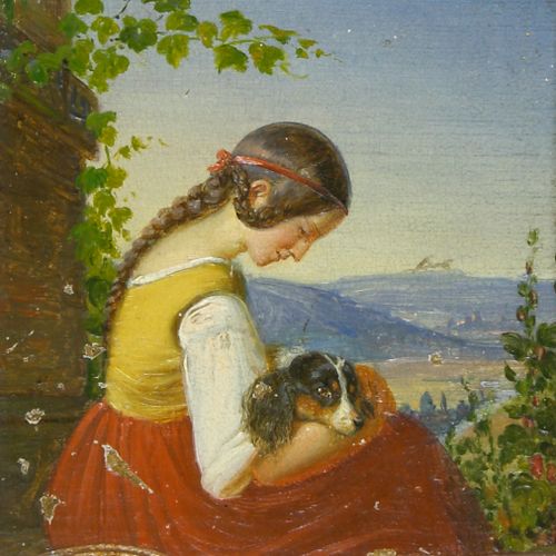 Maler des 19. Jh., Sitzendes Mädchen in rotem Rock mit geschecktem Hund im Arm M&hellip;