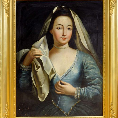 Porträtmaler des 18. Jh., Bildnis einer jungen Dame 18世纪的肖像画家。 一位身穿蓝色礼服、戴着面纱的年轻女&hellip;