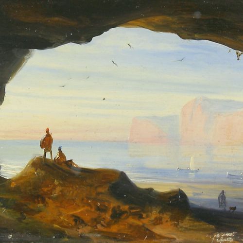 Landschaftsmaler des 19. Jh., Zwei Personen vor einer Grotte auf Felsen blickend&hellip;