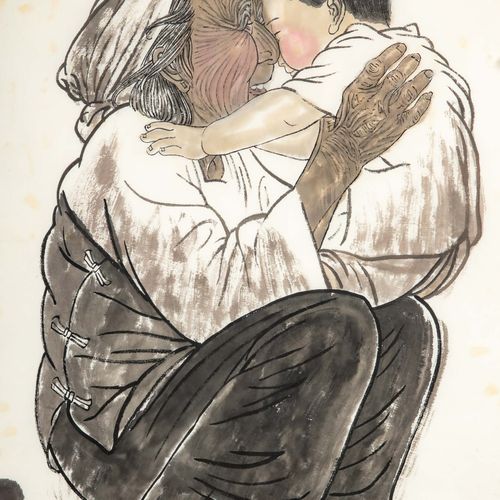 Null 
"亲密的拥抱"，纸巾或类似材料上的水墨画；祖母和孙子热烈拥抱的情感场景。玻璃后的框架，纸张尺寸约为68 x 68.5厘米。右边空白处有汉字标题和艺术&hellip;