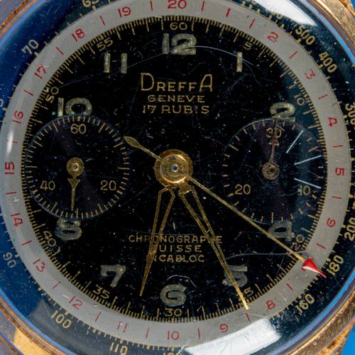 Null 
"DREFFA" - 计时码表男士腕表。未经测试的机芯，18K黄金表壳，配以磨损的皮表带和针扣，表壳直径约38毫米。边框丢失。提供有缺陷的。
