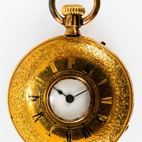 Null 
Antike Damentaschenuhr, ungepunztes 18 K Gelbgoldgehäuse, Frontdeckel mit &hellip;