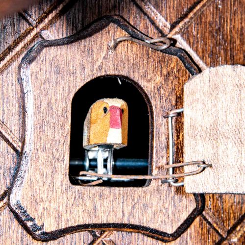 Null 
令人印象深刻的 "布谷鸟 "钟，20世纪下半叶，精心雕刻的胡桃色木质外壳，带有塑料狩猎奖杯装饰，冠以12个终结者；未经测试，带有铁质枢轴砝码的机械机&hellip;