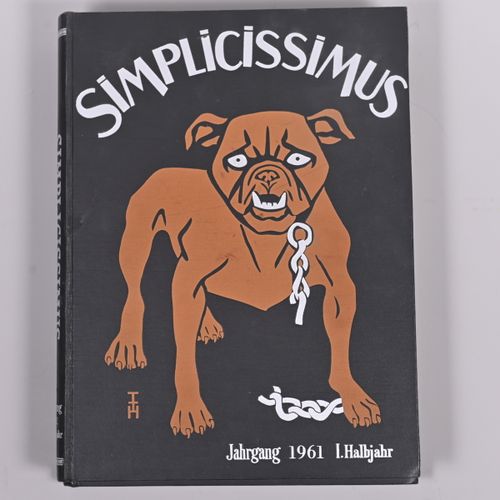 Null "Simplicissimus"，装订成讽刺期刊，1961年上半年和下半年，两卷，Verlagsgesell。慕尼黑，布面装订，银色压花和棕色牛头犬，&hellip;