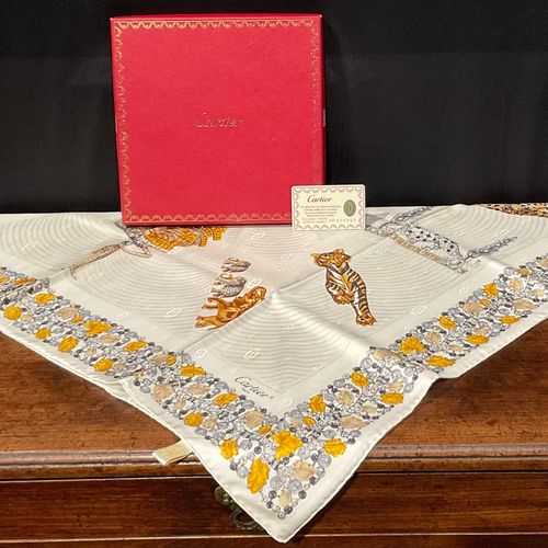 Null A Cartier square silk scarf, printed with jeweled birds and African animals&hellip;