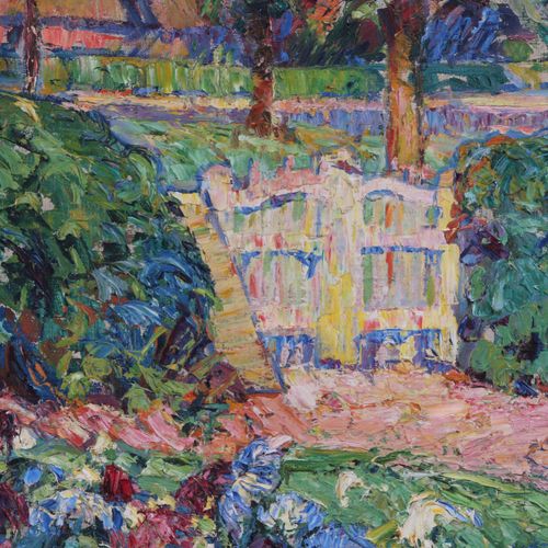 Null 戈兹曼，艾美。法兰克福/M. 1881-1950柏林。看到一个开花的花园，背景是一个茅草屋的剪影。右下方有签名和日期 "11"。Emmy Gotzma&hellip;