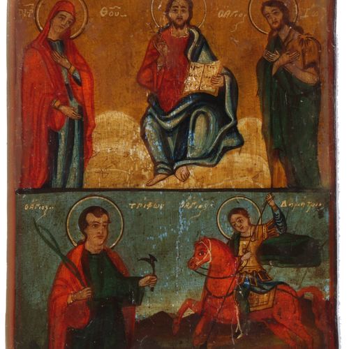 Null 图标。俄罗斯 19世纪，木制/铜制。对基督和圣乔治的描绘。高：32,5 x 35,5厘米。修饰。最小的水坝。