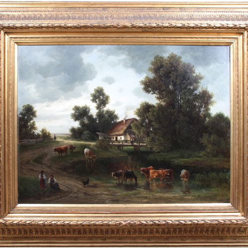 Null Morgenstern, Carl Ernst.慕尼黑 1847 - 1928年 沃尔夫肖。庄园里的牛在浇水的地方。右下方有签名。油/画在画布上。Ca&hellip;