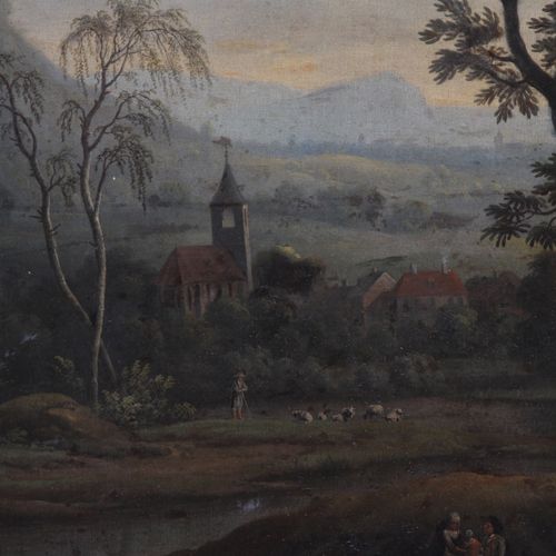 Null Bemmel, Peter von.纽伦堡 1685 - 1753 雷根斯堡。签名。在田园诗般的氛围中，视野远眺，教堂、村庄和废墟都在眼前。前景是河边&hellip;