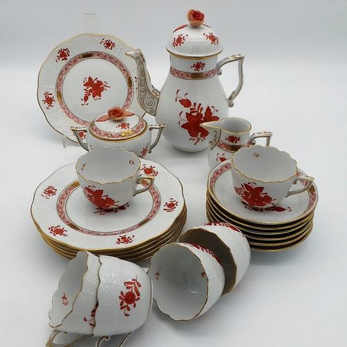 Null Herend / Hungary, mocha service for 6 persons, Apponyi red, pot, cream jug,&hellip;