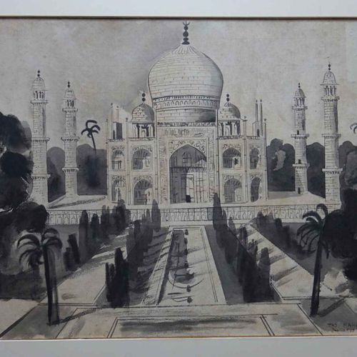 Hillig - Taj Mahal 亚洲--希里格，G.（？）泰姬陵。纸上水彩画。难以辨认的签名，日期为 "Ja. 1932"，标题为 "泰姬陵阿格拉"。印度&hellip;