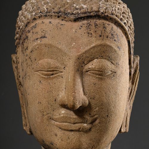 Null 
Ayutthaya sandstone Buddha head with remains of coloured painting, Thailan&hellip;