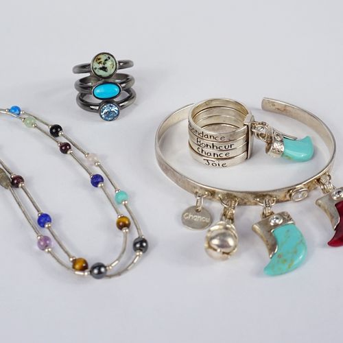 Null 2 bagues, bracelet et collier avec pierres semi-précieuses, argent 925 et a&hellip;