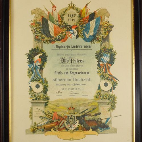 Null 银婚的爱国祝贺传单，来自马格德堡州议会，1887-1912。

 带玻璃框，日期为 "Magdeburg, den 16.2ruar 1912"，由主&hellip;