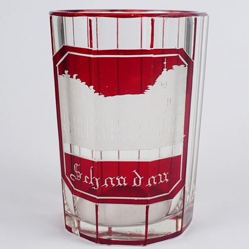 Null Andenkenglas/ Bäderglas"Bad Schandau", Böhmen um 1850

 Glas mit Facettensc&hellip;