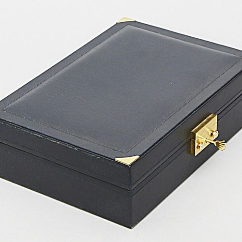 Schmuck- bzw. Uhrenschatulle, ROLEX. Black leather with gilt fittings, key enclo&hellip;