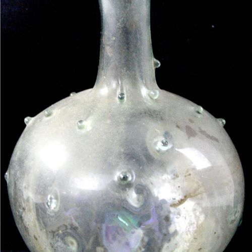 Null 发掘，罗马，玻璃制品，罗马玻璃瓶，有毛刺的装饰。高14.5厘米。
，完好无损
出处：威斯特伐利亚州收藏。收藏品，在1970/1980年代获得。