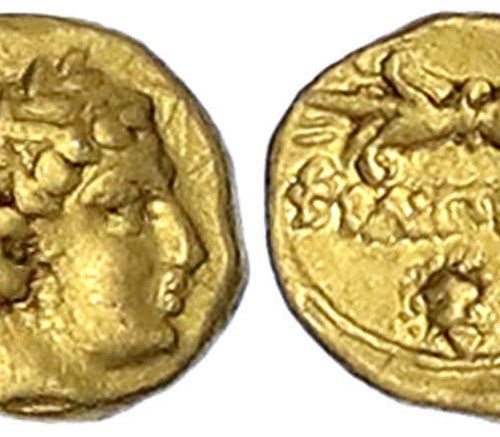 Null 古希腊金币，马其顿，腓力二世公元前359-336年，公元前340/336年佩拉1/12stater。阿波罗头像/狮子头上的闪电束。0.72克。
，非常&hellip;