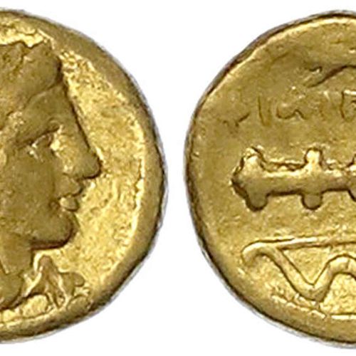 Null 古希腊金币，马其顿，腓力二世公元前359-336年，公元前340/336年佩拉1/4stater。狮子头中的赫拉克勒斯头像，在ΦΙΛΙΠΟΥ上，下面是&hellip;