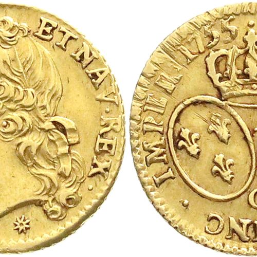 Null 外国金币和奖牌，法国，路易十五，1715-1774年，Louis d'or au bandeau 1755 C，卡昂。8.14克。
非常好/优秀，有些&hellip;