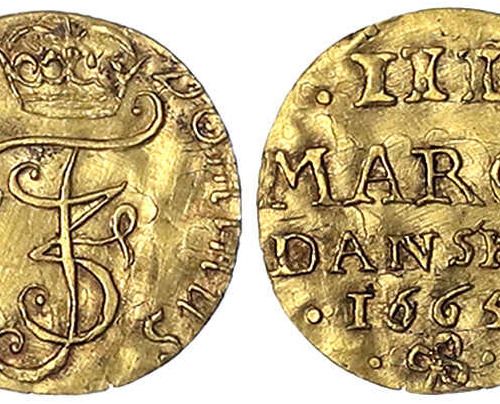 Null 外国金币和奖牌，丹麦，弗雷德里克三世，1648-1670，III Marck Danske（1/4 Dukat）1665。0.88克。
非常好/优秀，&hellip;
