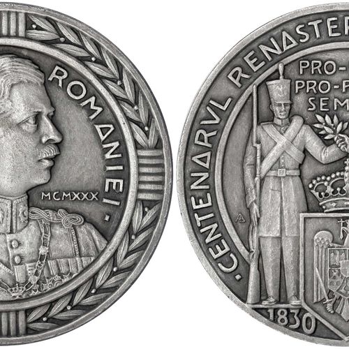 Null 外国硬币和奖章，罗马尼亚，卡尔二世，1930-1940年，1930年拉夫里耶的镀银铜质奖章。关于罗马尼亚步兵恢复100年的问题。步兵。80毫米。
优秀