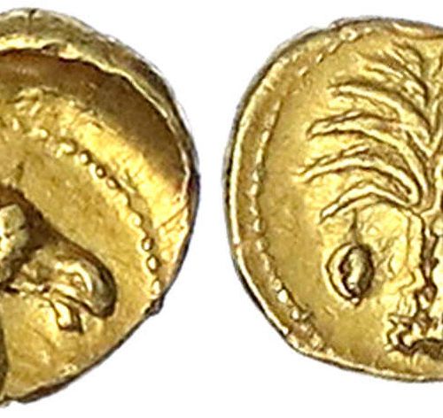 Null 古希腊金币，Zeugitana，迦太基，1/10 stater 约公元前350/320年 马头/棕榈。0.89克。
优秀，正面略微偏心