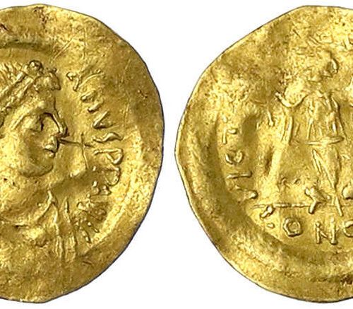 Null 拜占庭金币, 帝国, 查士丁尼一世, 527-565, Tremissis 527/565, Constantinople.统治者的半身像，右面有头冠&hellip;