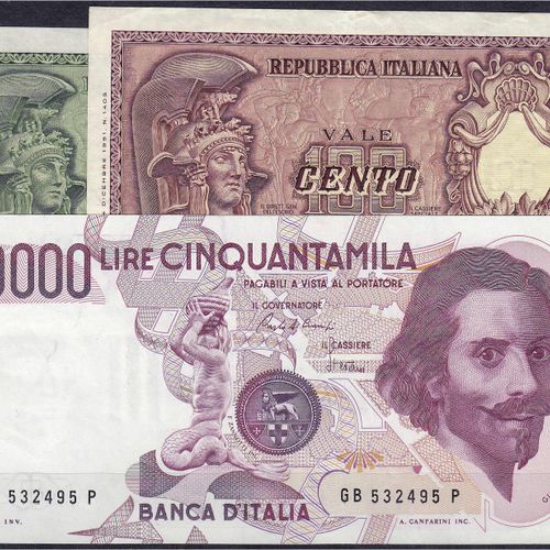 Null Banknoten, Ausland, Italien, 50, 100 u. 50 Tsd. Lire 1951. U. 1984. II. Pic&hellip;