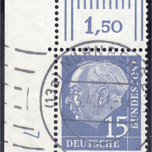 Timbres, Allemagne, République fédérale d'Allemagne, 15 Pf. Heuss 1954, coin de &hellip;
