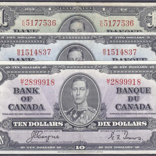 Null Billets de banque, Étranger, Canada, 3 coupures de 1, 5 et 10 dollars 2.1.1&hellip;