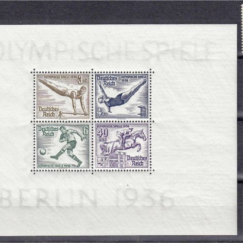 Null 邮票，德国，德意志帝国，1936年夏季奥林匹克运动会，状态良好，包括小全张邮票。180,-欧元。
**米歇尔小册子5，624-627。