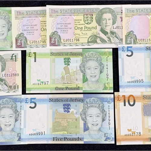 Null Banconote, estero, Jersey, 10 banconote di 4 X 1 Pound (1993), 2 X 1, 3 X 5&hellip;