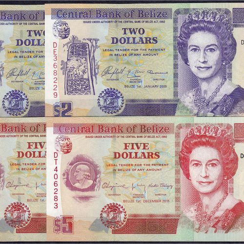 Null Billets de banque, Étranger, Belize, 2 X 2 dollars et 2 X 5 dollars 1.1.200&hellip;