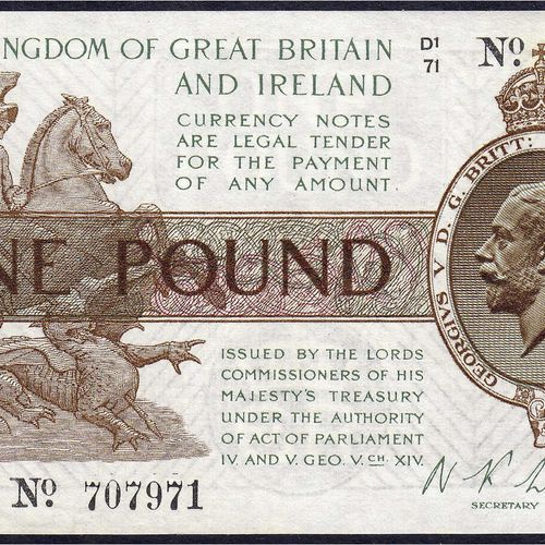 Null 钞票，外国，英国，1英镑外径（1922-1923）。
II号下的圆点。挑选359a。
