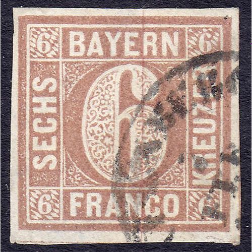 Null 邮票，德国，旧德国，巴伐利亚，1849年6克朗邮票，在豪华条件下使用，价值数字在中断的圆圈中，专家最低Brettl BPP。Mi. 300,-€.
U&hellip;