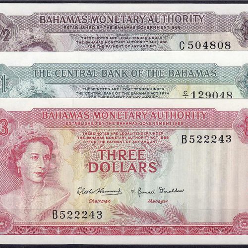Null Banknoten, Ausland, Bahamas, 3 Scheine zu 50 Cents, 1 u. 3 Dollar 1968-74. &hellip;