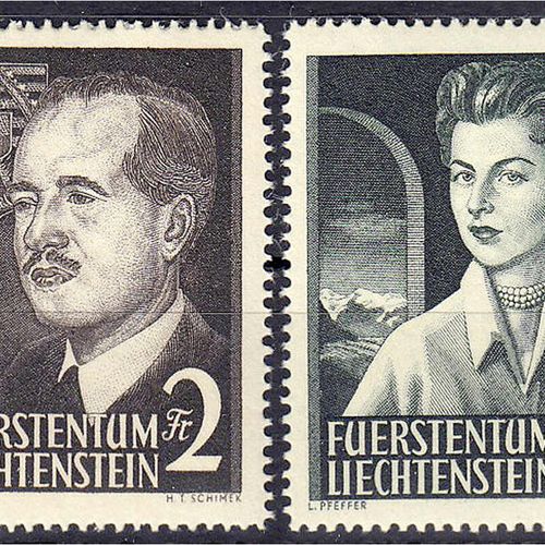 Null Briefmarken, Ausland, Liechtenstein, 2 Fr. - 3 Fr. Fürstenpaar 1955, komple&hellip;