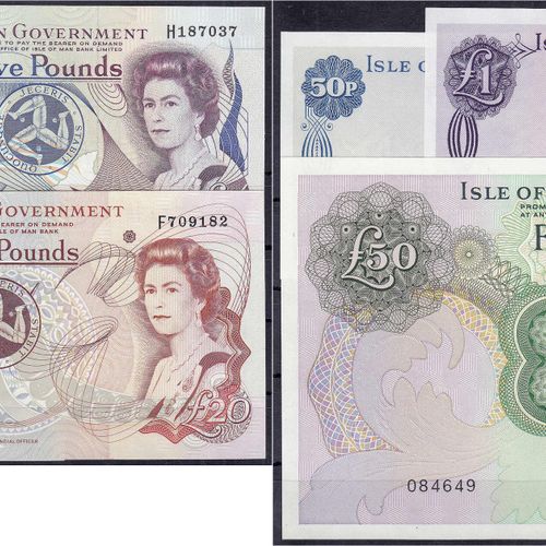 Null 钞票，外国，马恩岛，总共7张50便士的钞票，2 X 1，5，10，20 u. 50英镑（1983-2000）I到I-挑33a，38a，39a，40b，&hellip;