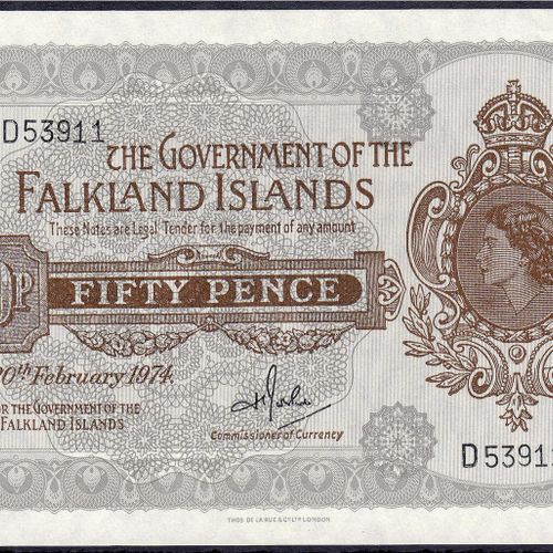 Null Banknoten, Ausland, Falklandinseln, 50 Pence 20.2.1974 II+, unten rechts kl&hellip;